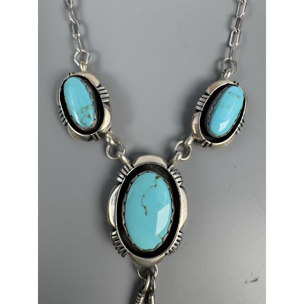 Leonard Marian Nez Navajo Sterling Silver Veined Turquoise Feather Necklace 16"